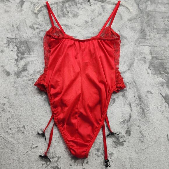 Vintage 80s Teddy Womens L Red Satin Ribbon Lace Ruffled Teddy Bodysuit Garters - Picture 5 of 10